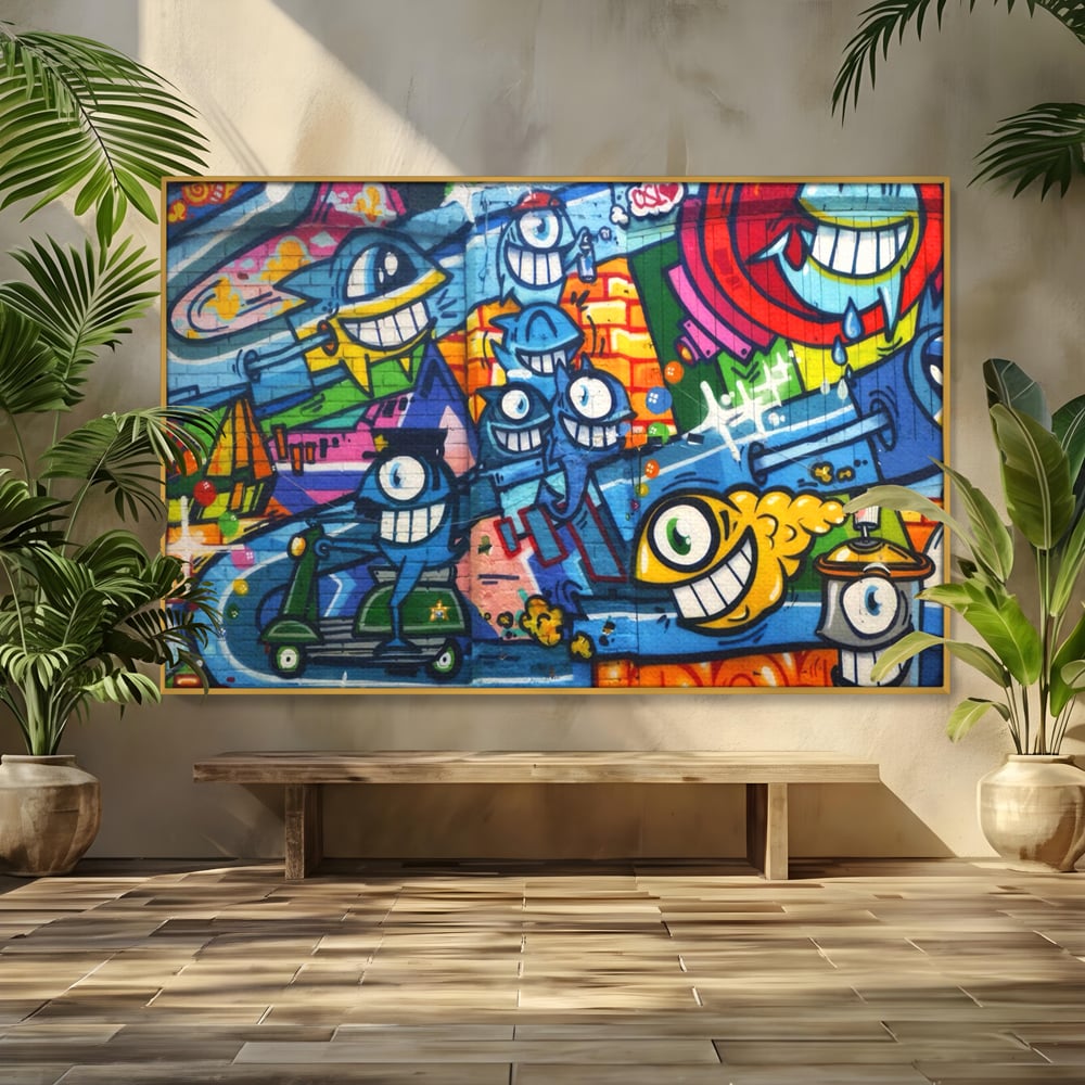 Tablou canvas cu tablou canvas cu graffiti urban si personaje, in rama de aluminiu auriu